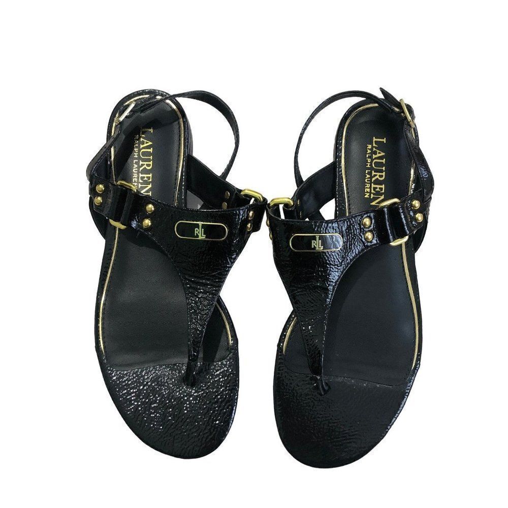 Ralph Lauren Valinda Sandal Black Patent Leather Womens 7B